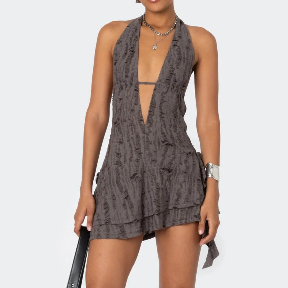 NWOT Edikted Shredded Backless Halter Mini Dress
